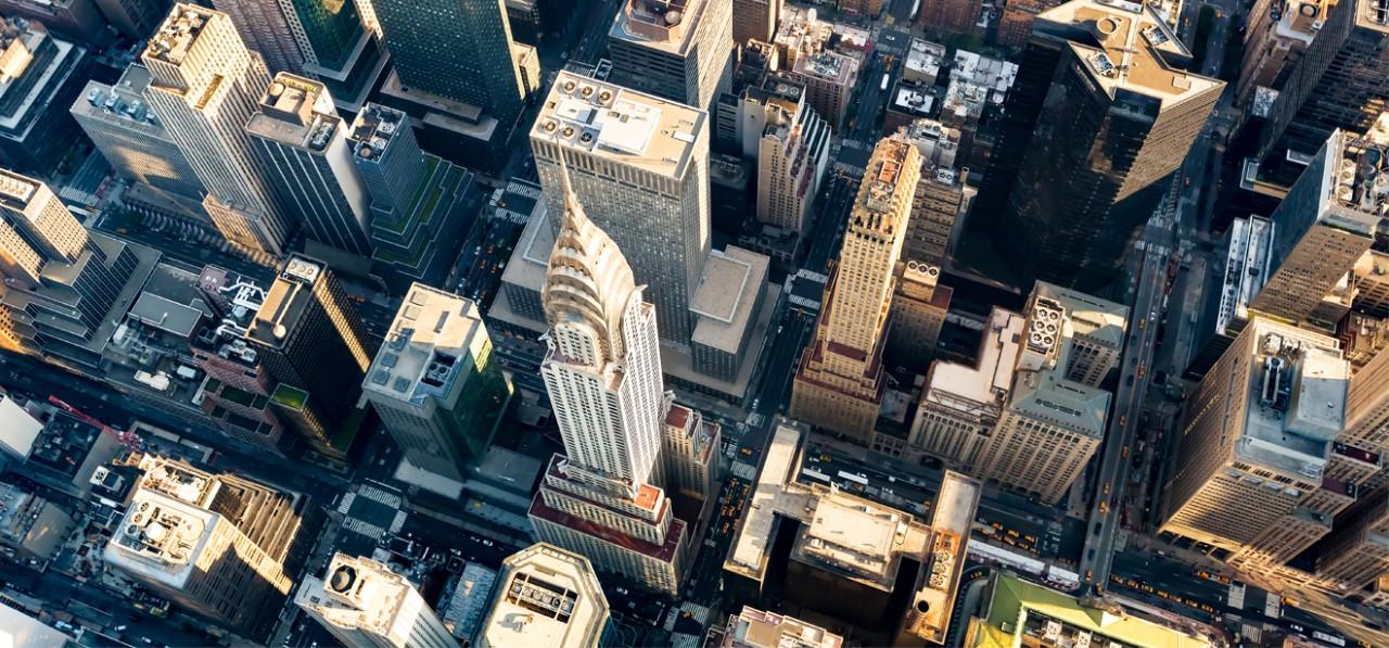 An aerial view of mid-town Manhattan; focusing on the Chrysler Building.