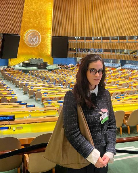 Person in front of the United Nations General Assembly Hall with rows of desks and golden wall panels.