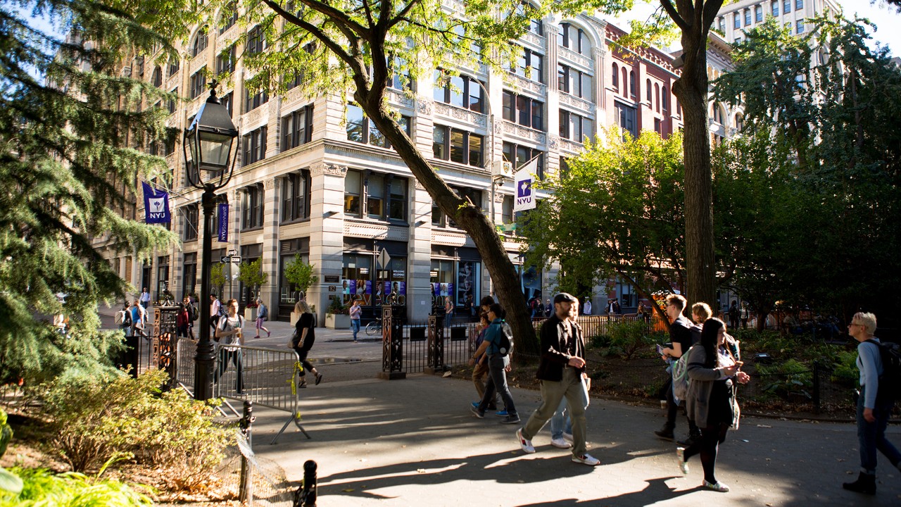 Students walking in Washington Square park
