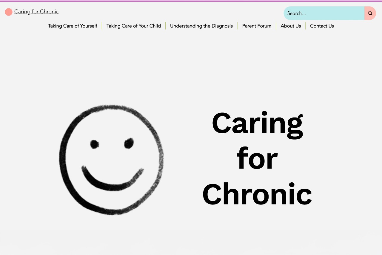 A screen grab shows the Caring for Chronic website, which has a white background and black text with a black smiley face