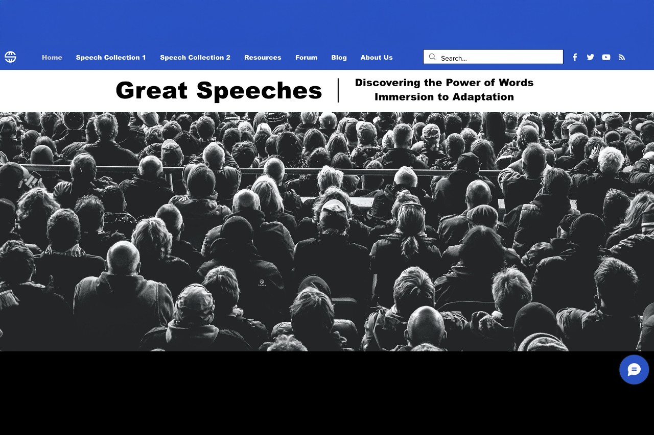 A screen grab shows the Great Speeches website, which has a black and white photo of a crowd listening to a speech