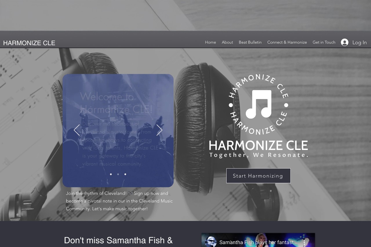 A screen grab shows the Harmonize CLE website, which has a black and white photo of headphones with white text overlaid