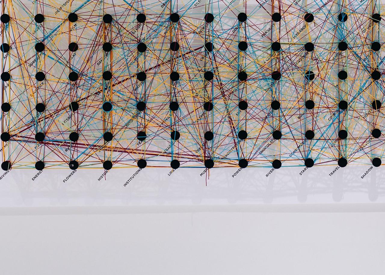 Connection board with colored strings tying together words like travel, shadow, energy, flowers, history, music, chocolate, comedy, and more.