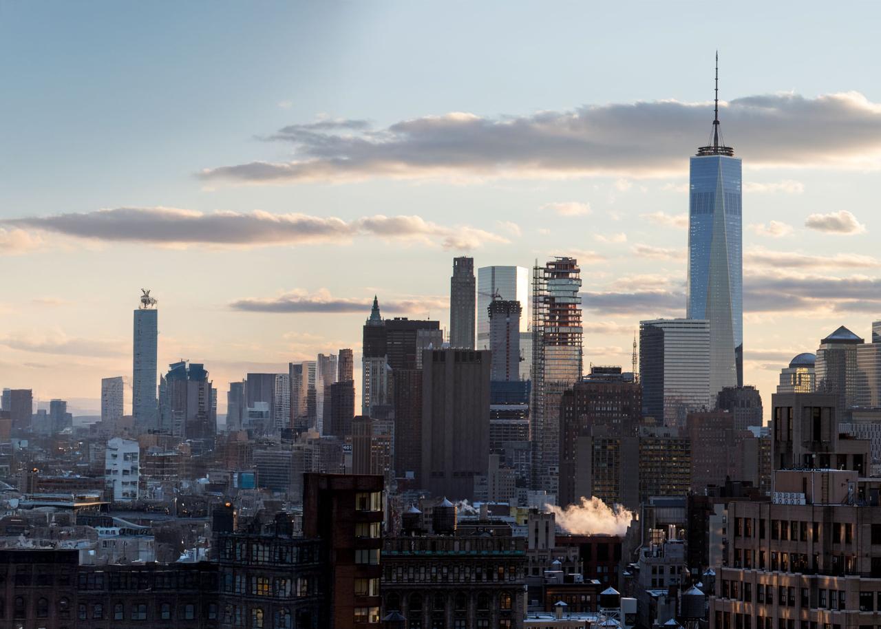 The NYC skyline at sunset.