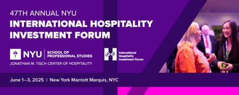 A speaker provides a keynote address at the NYU International Hospitality Investment Forum