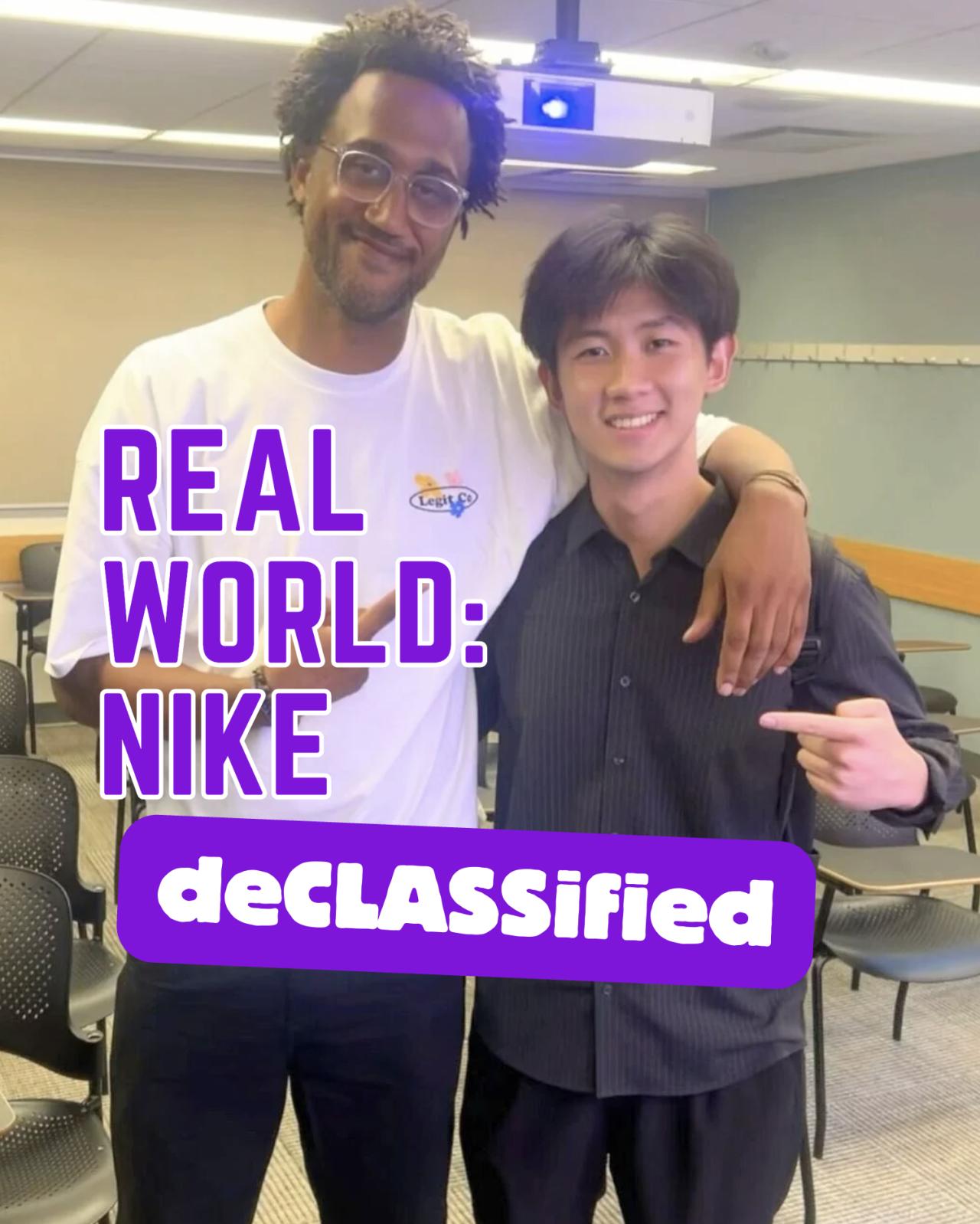 Two Real World Nike participants pose in a classroom.