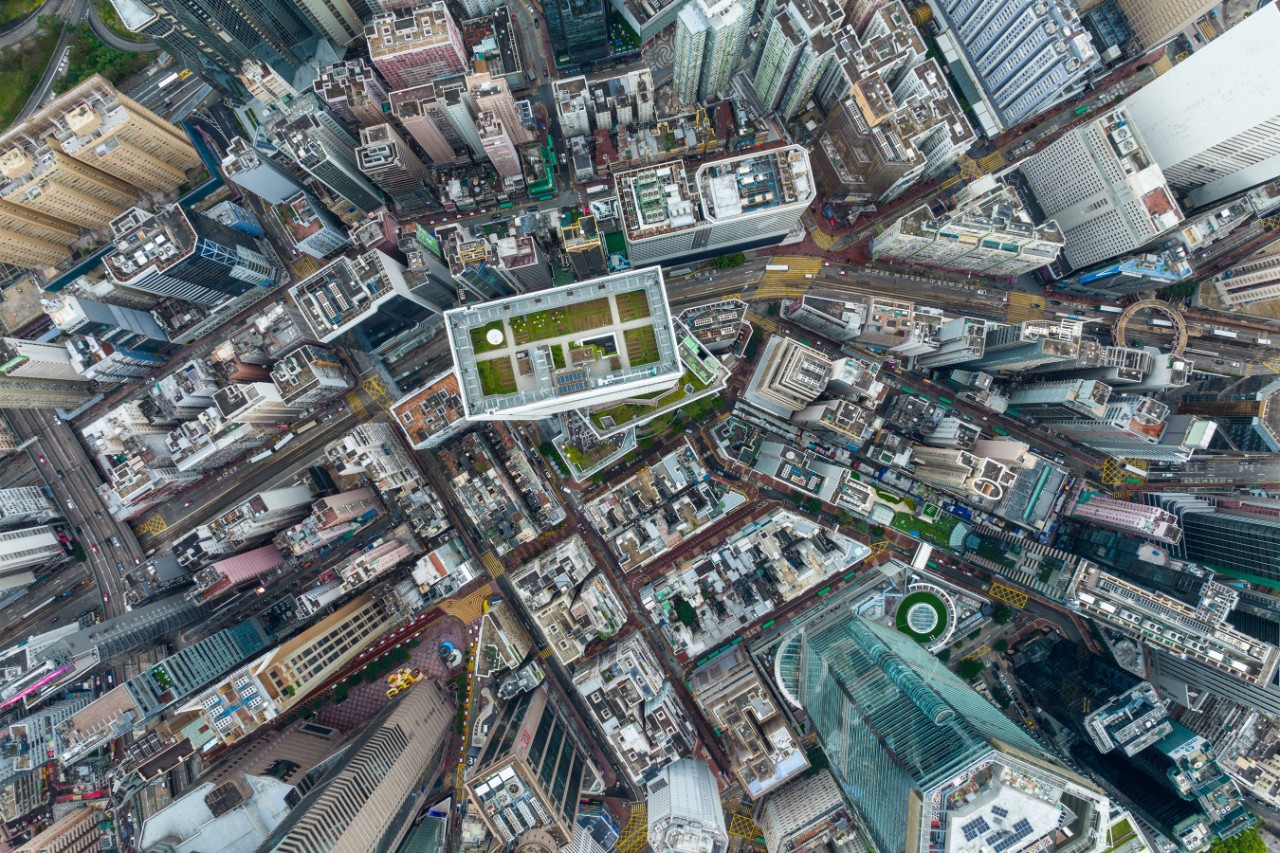 Causeway Bay, Hong Kong 03 February 2022: Top down view of Hong Kong city