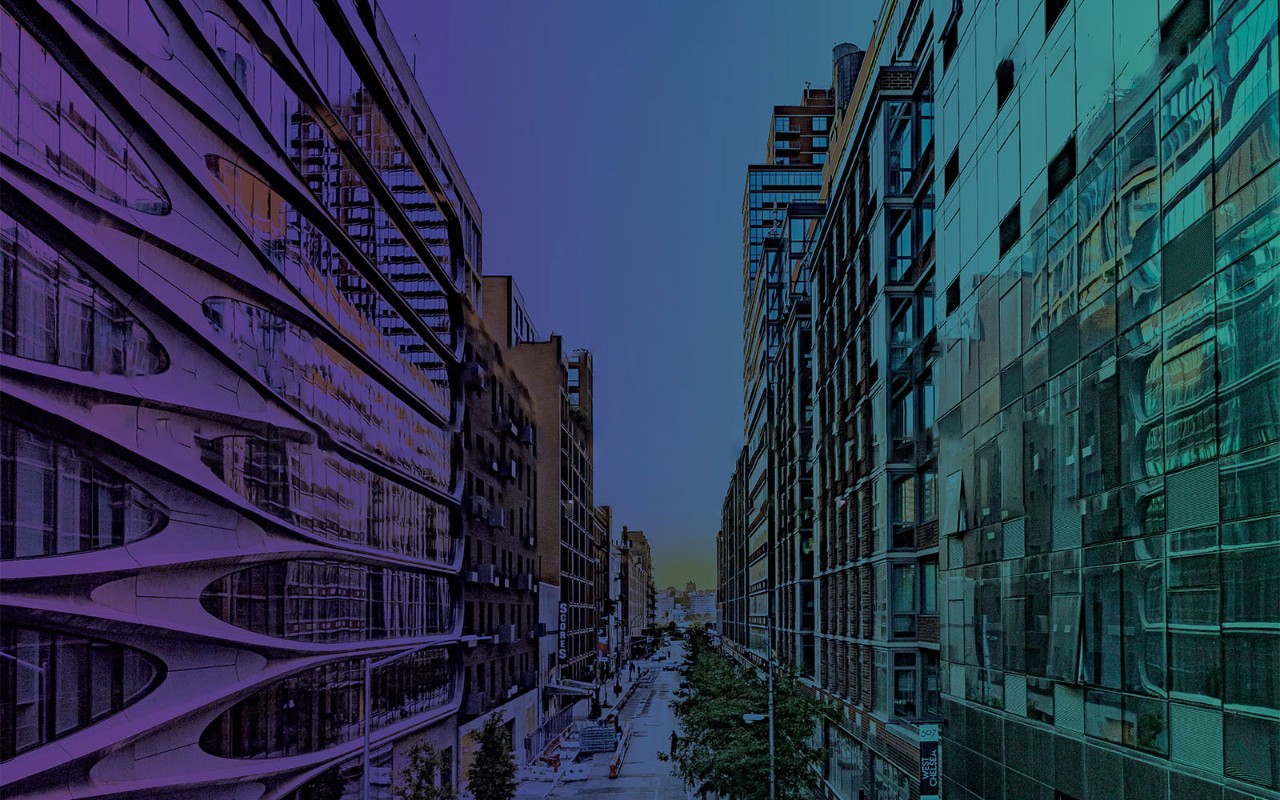 Modern glass buildings lining a New York City street at dusk, featured in promotional imagery for the NYU SPS National Conference on Real Estate Development.