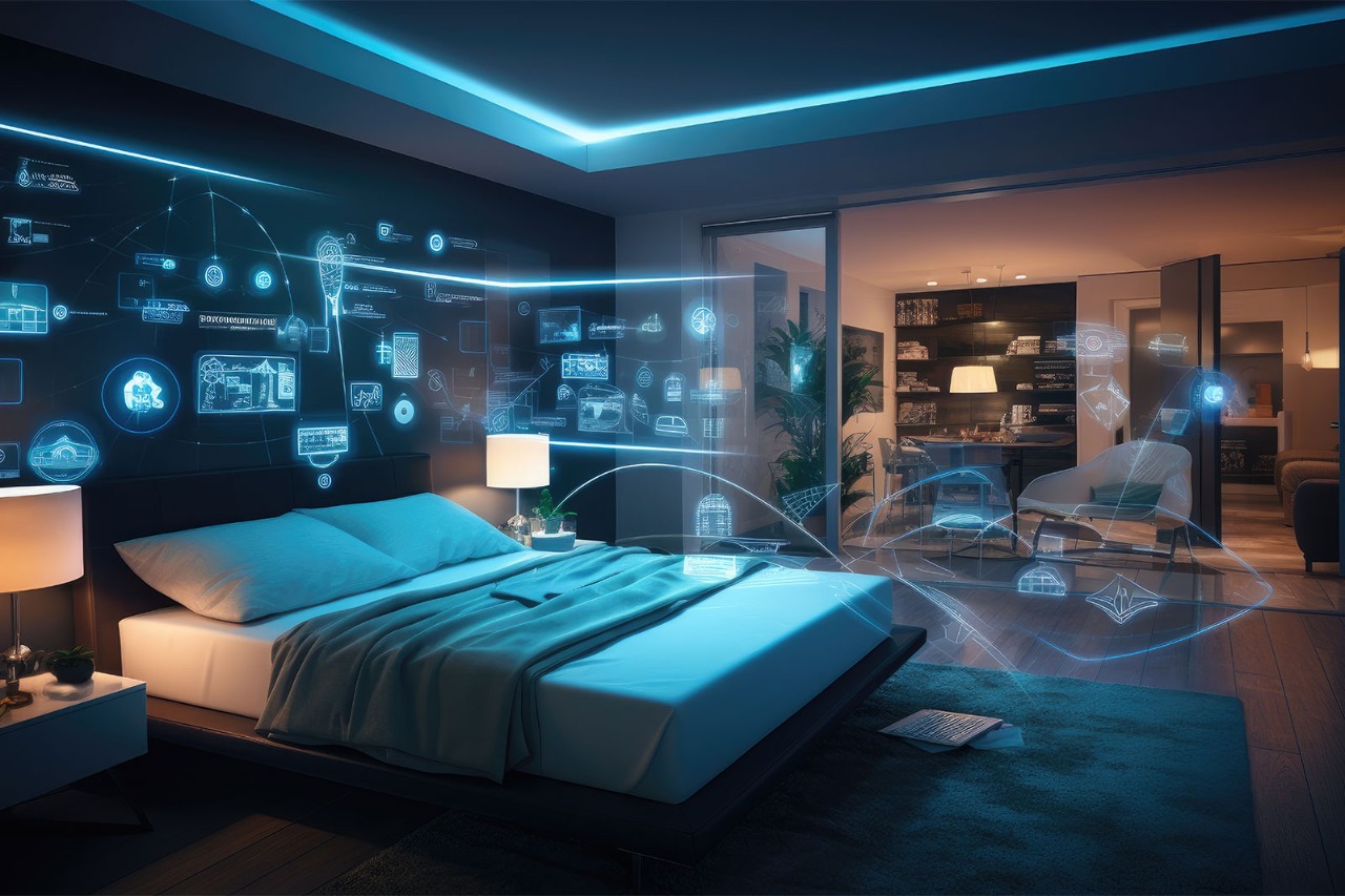 Modern bedroom with a futuristic touch; digital interfaces projected on dark walls. Soft blue lighting sets a calm, high-tech ambiance. Cozy arrangement.