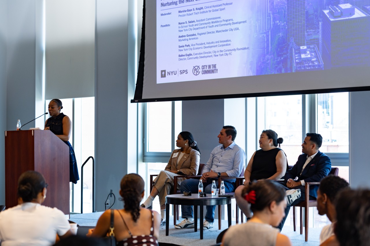 NYU Tisch Institute for Global Sport’s Marsha-Gaye Knight moderates a panel on Sports, Technology, Innovation, and the Next Generation.