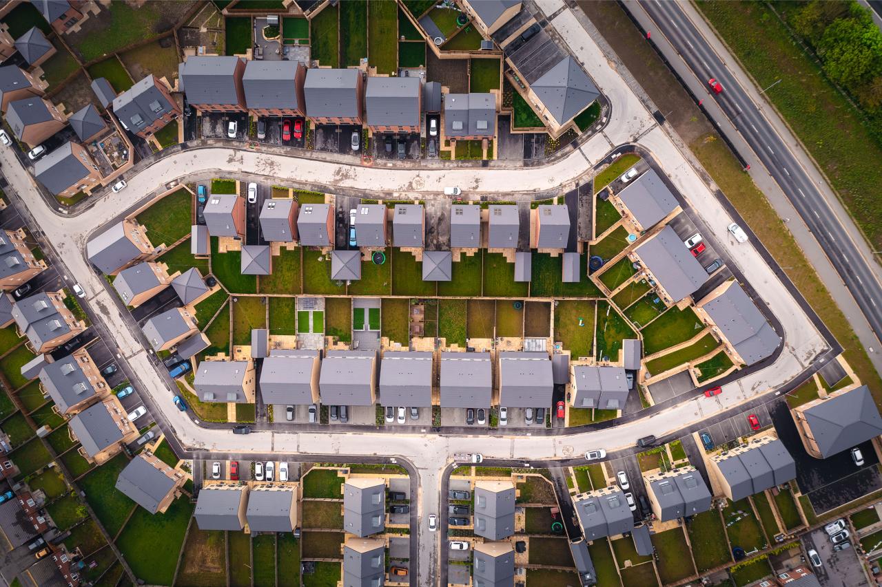 Aerial view of suburban neighborhood.