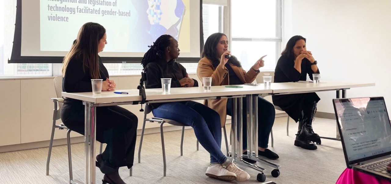 Sandra Khalil, Center for Global Affairs at NYU SPS alumnus serves on a panel with three other women about technology.