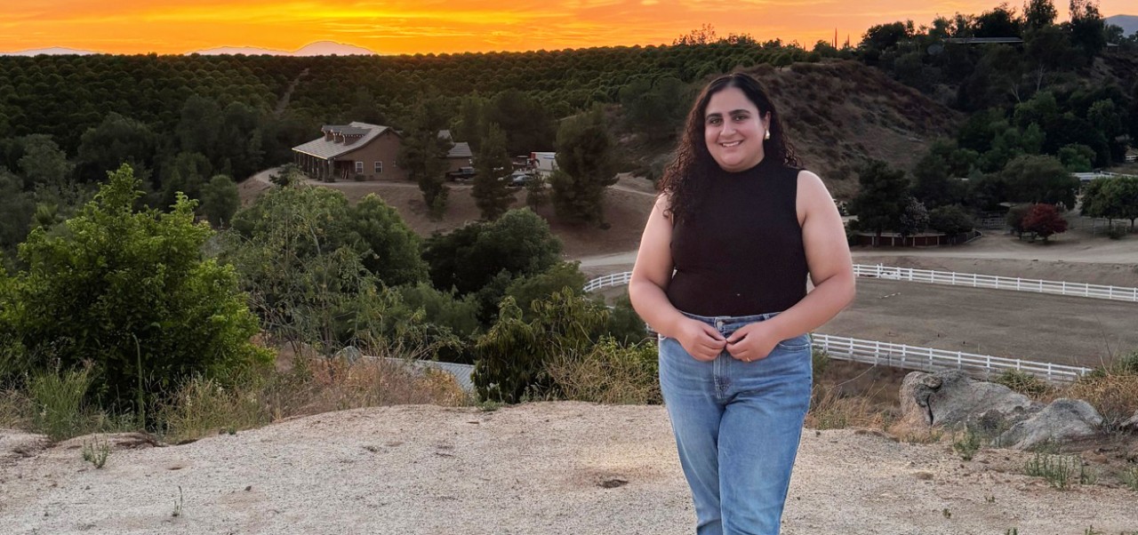 Sandra Khalil, Center for Global Affairs at NYU SPS alumnus, smiles for the camera while standing on a hill in front of a dramatic sunset.