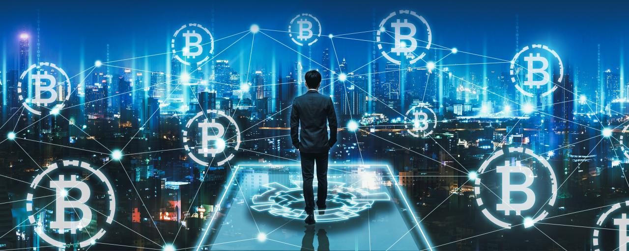 Digital illustration depicting a man standing on a platform in front of a cityscape with Bitcoin symbols around him representing the Certificate in Alternative Investments program