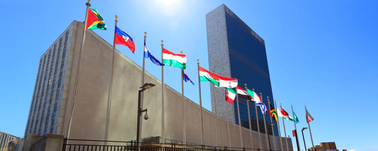 Flags fly high at UN Plaza in midtown Manhattan on a sunny day.