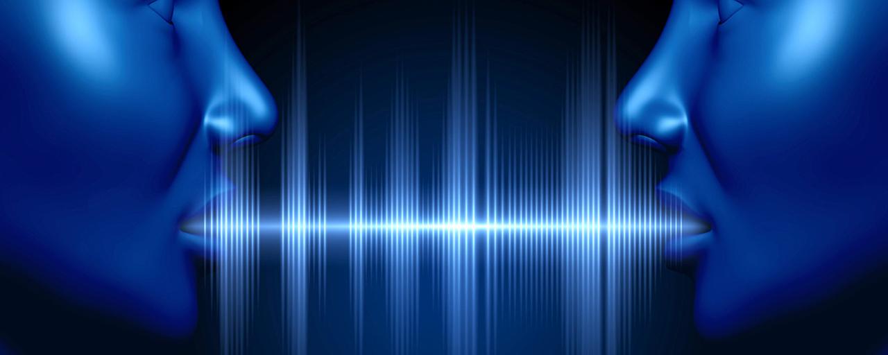 A futuristic illustration of two humans staring into each others eyes with a graphical representation of vocal audio streaming between their mouths.