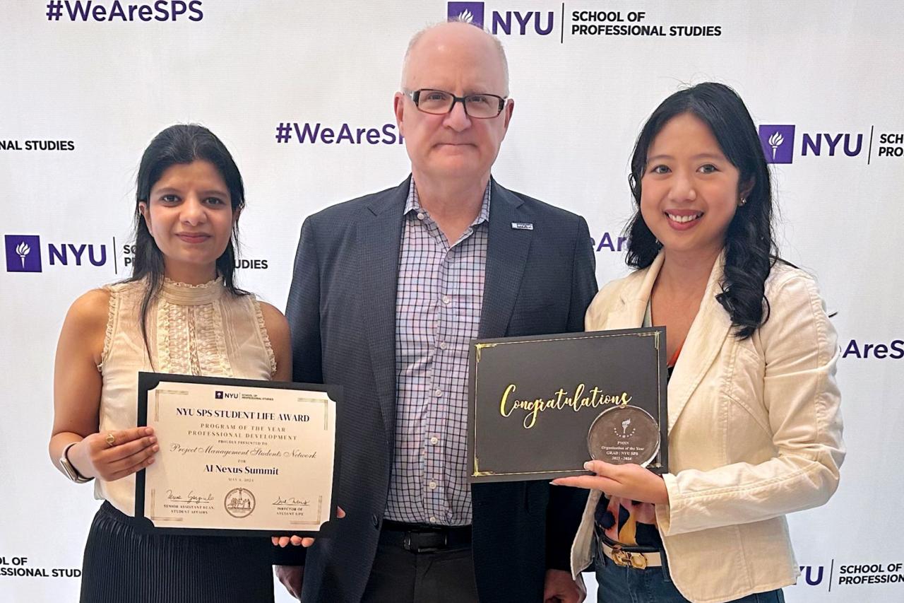 Lawrence Mantrone, faculty member in the Continuing Education programs at NYU SPS poses for a photo with two certificate students as they completed their program
