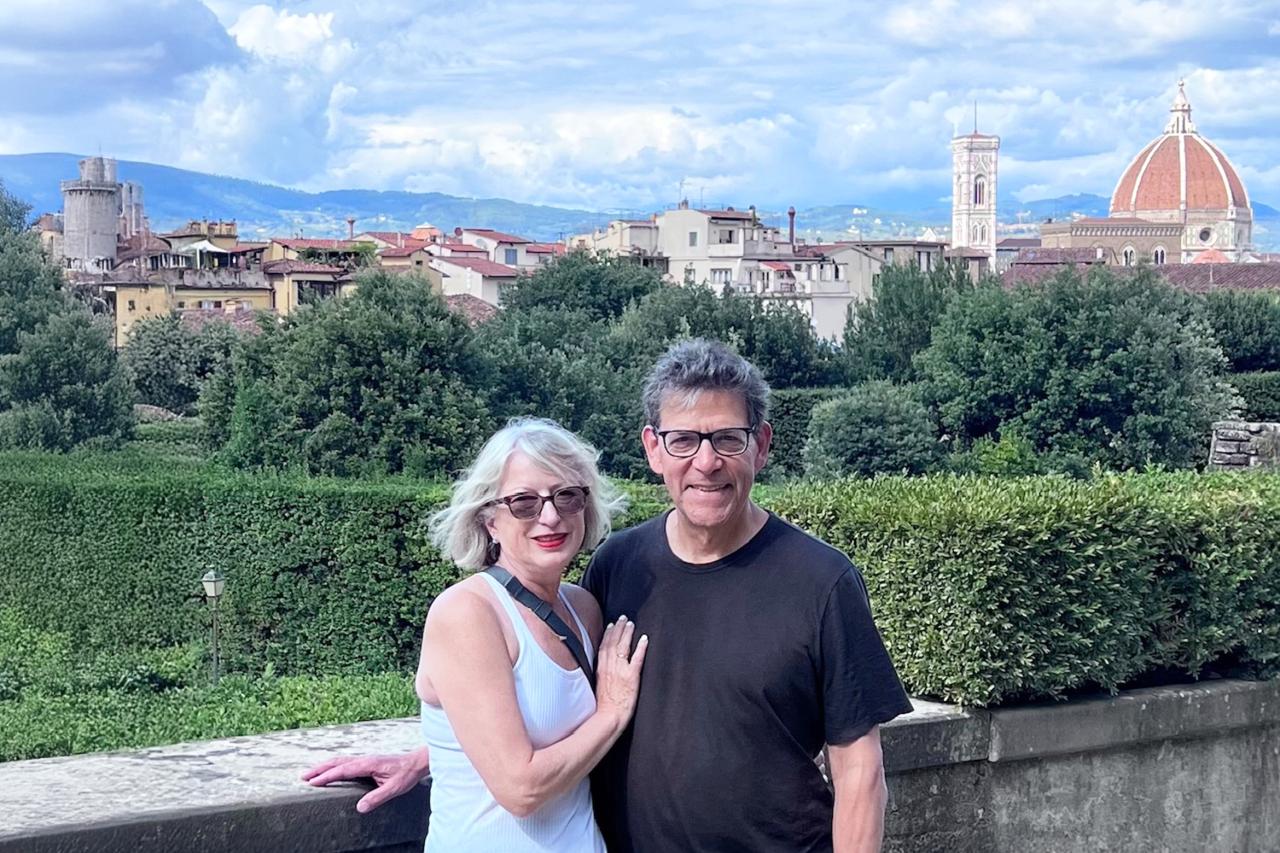 NYU SPS CE instructor Robert Marino poses for a photo on a European terrace with his wife