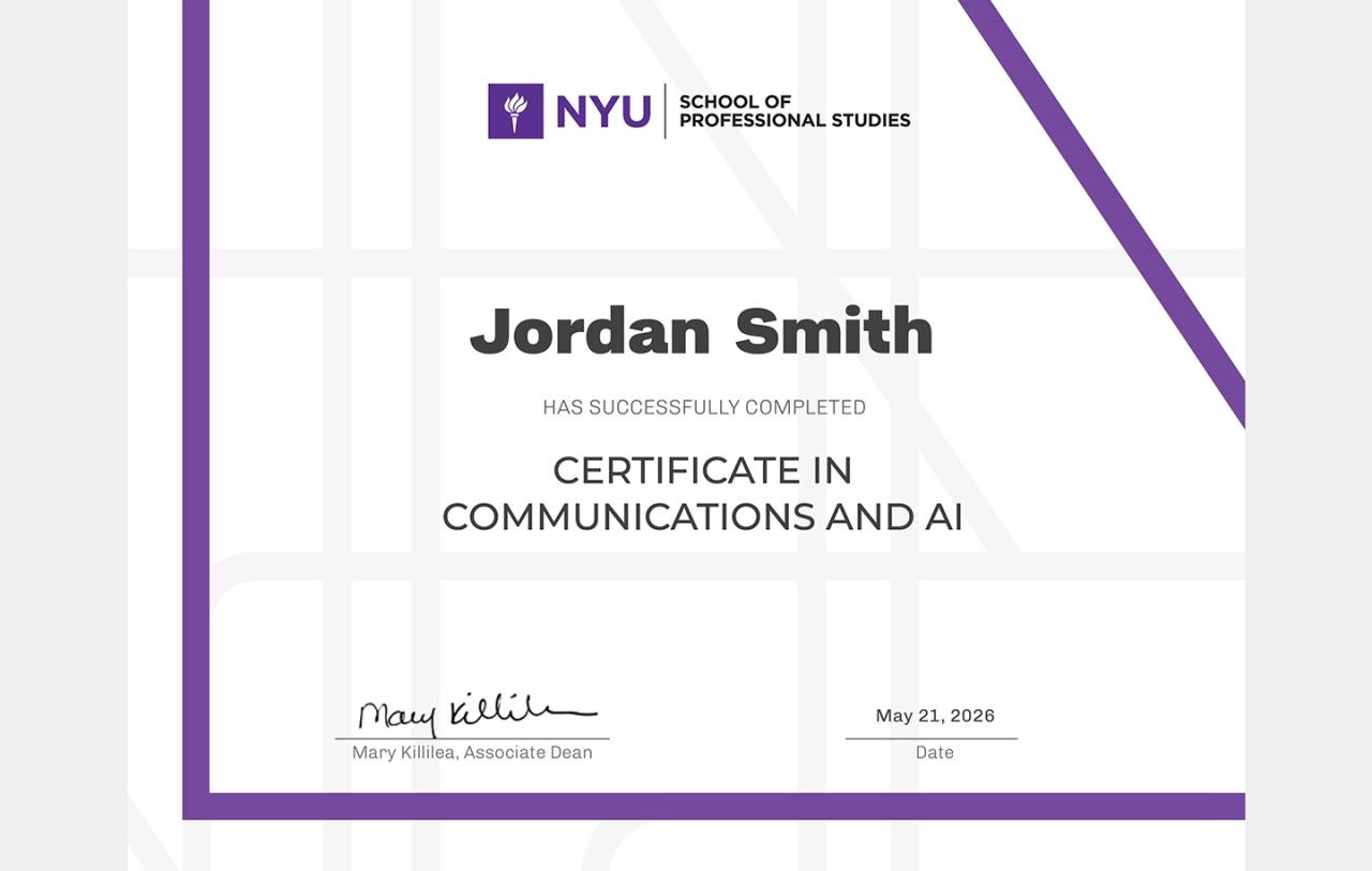 NYU SPS certificate digital badge representing completion of a professional certificate program and achievement of specialized credentials.